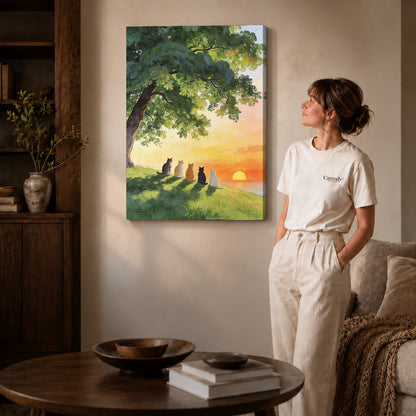 peaceful sunset cats canvas art on gallery-wrapped canvas with natural edge shading beside a standing woman.