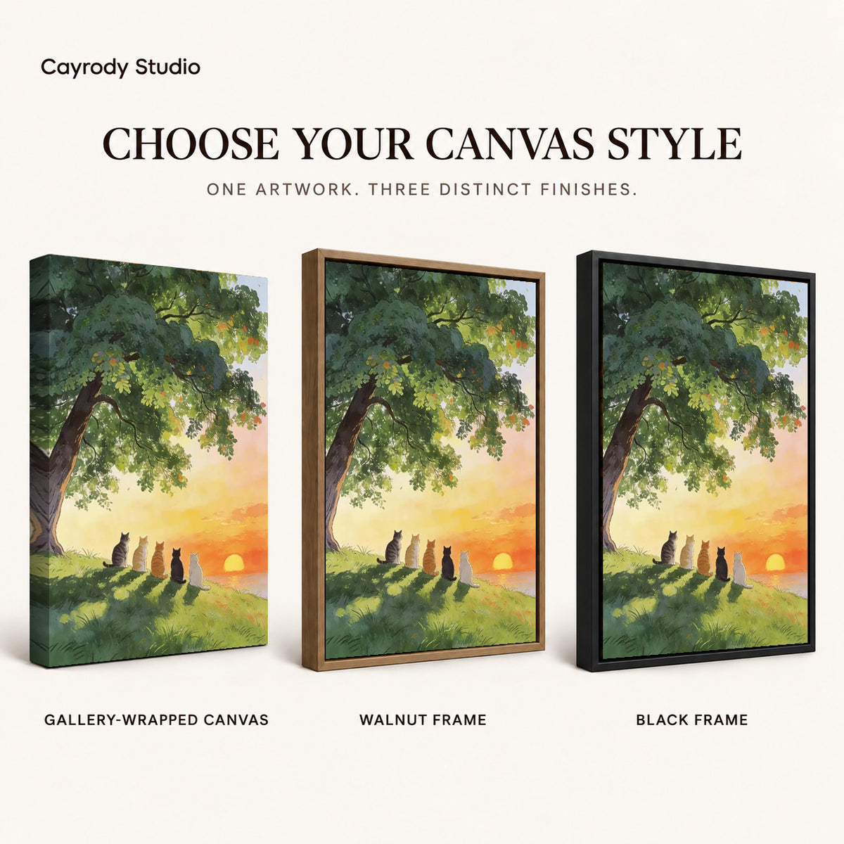 peaceful sunset cats canvas art compared across gallery-wrapped canvas, walnut frame, and black frame finishes.