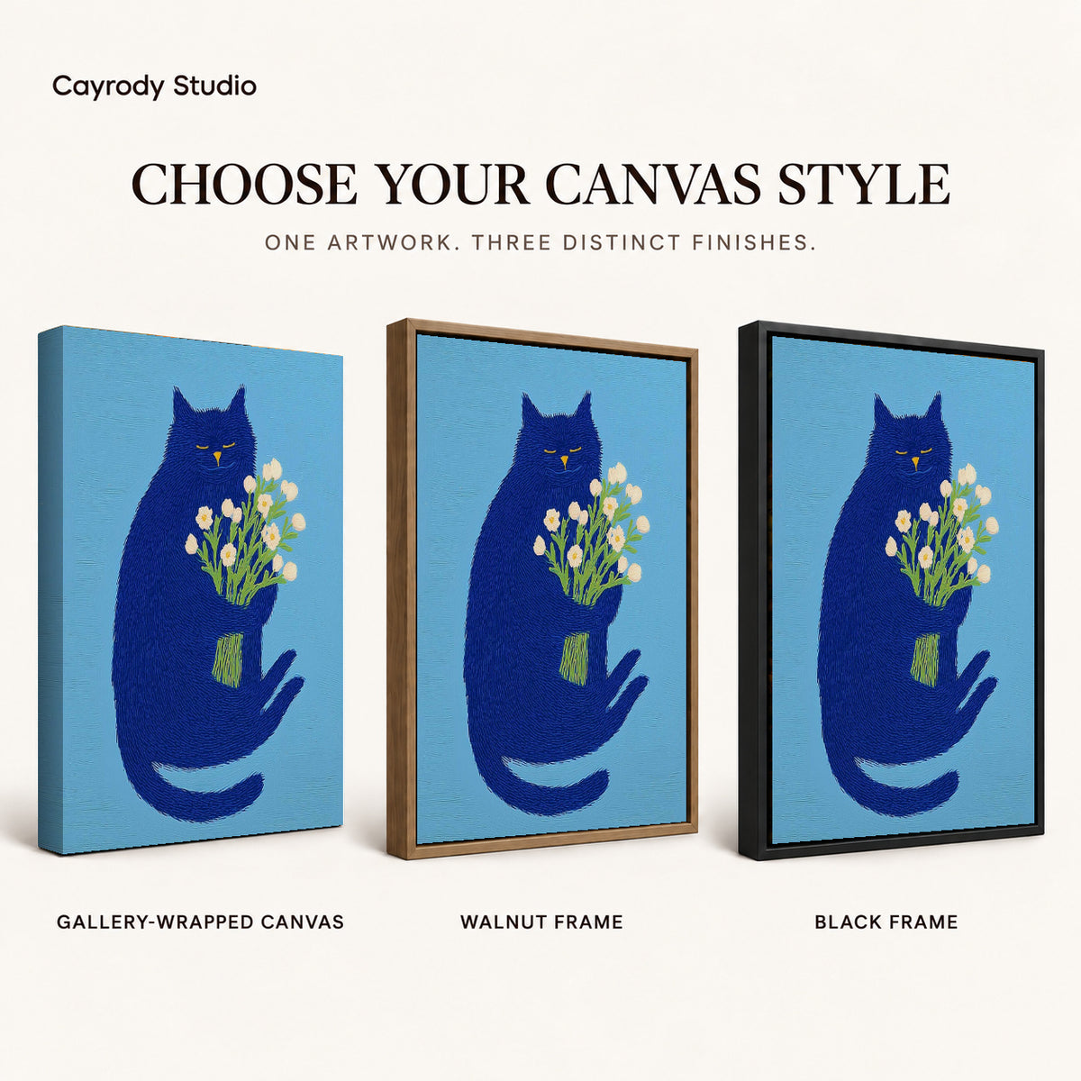 blue cat with flowers canvas art compared across gallery-wrapped canvas, walnut frame, and black frame finishes.
