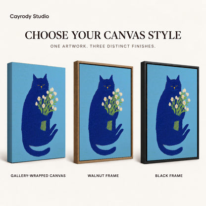 blue cat with flowers canvas art compared across gallery-wrapped canvas, walnut frame, and black frame finishes.