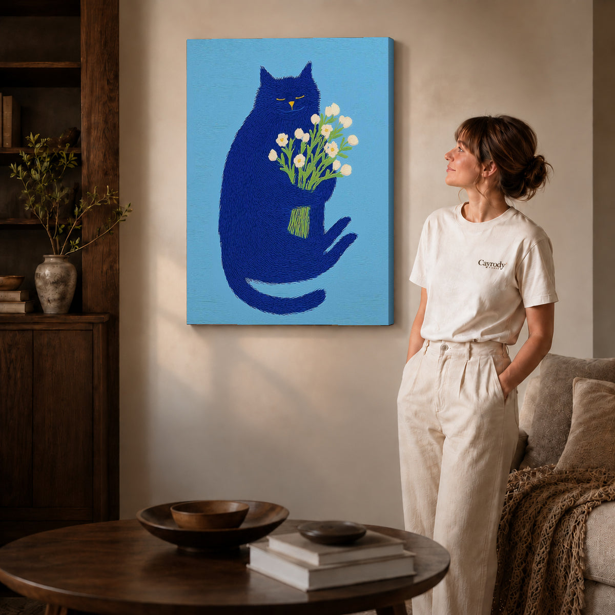 blue cat with flowers canvas art shown in the gallery-wrapped option with visible depth and warm surroundings.