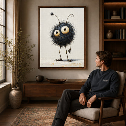 whimsical fuzzy creature canvas art in a walnut frame above a console beside a seated man.