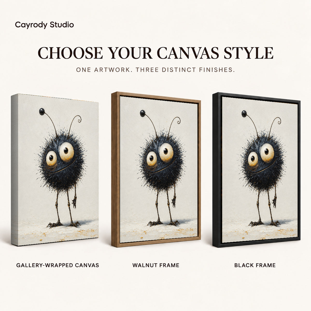 whimsical fuzzy creature canvas art compared across gallery-wrapped canvas, walnut frame, and black frame finishes.