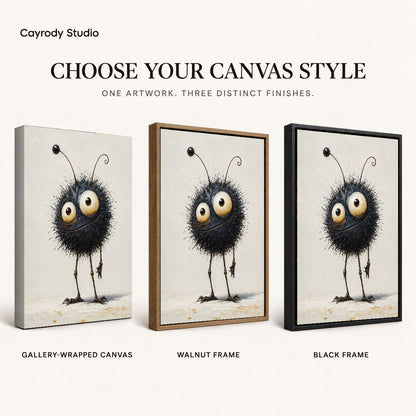 whimsical fuzzy creature canvas art compared across gallery-wrapped canvas, walnut frame, and black frame finishes.