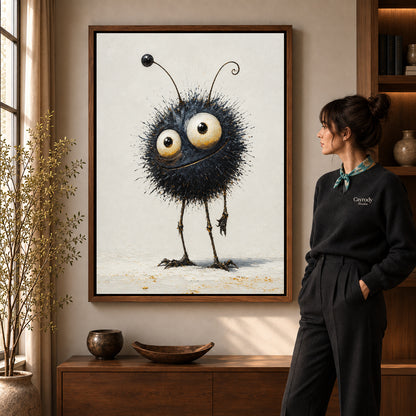 whimsical fuzzy creature canvas art shown in the walnut frame option within a warm living room.