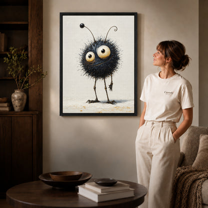 whimsical fuzzy creature canvas art shown in the black frame option against a softly lit wall.