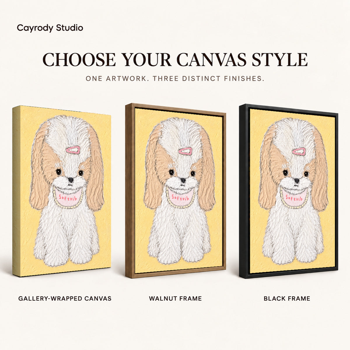 sweet long eared puppy canvas art compared across gallery-wrapped canvas, walnut frame, and black frame finishes.