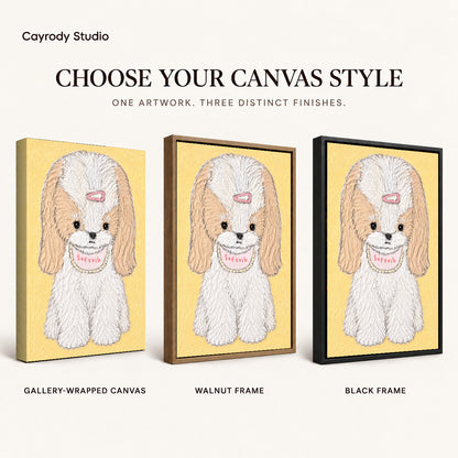 sweet long eared puppy canvas art compared across gallery-wrapped canvas, walnut frame, and black frame finishes.