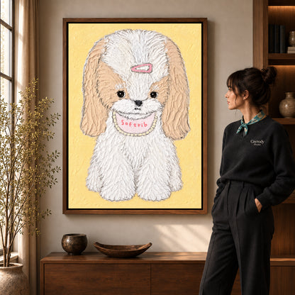 sweet long eared puppy canvas art shown in the walnut frame option within a warm living room.