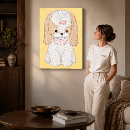 sweet long eared puppy canvas art shown in the gallery-wrapped option with visible depth and warm surroundings.