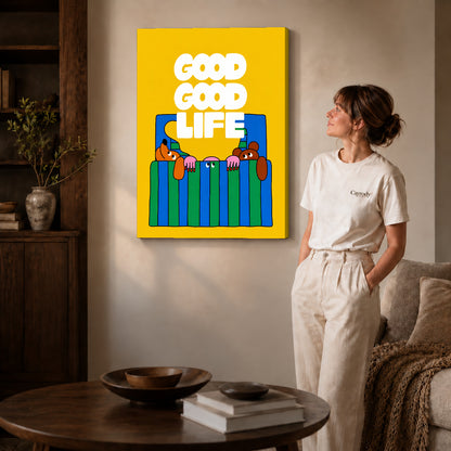 playful bedtime dogs canvas art on gallery-wrapped canvas with natural edge shading beside a standing woman.