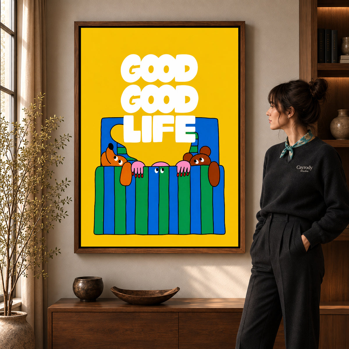playful bedtime dogs canvas art shown in the walnut frame option within a warm living room.
