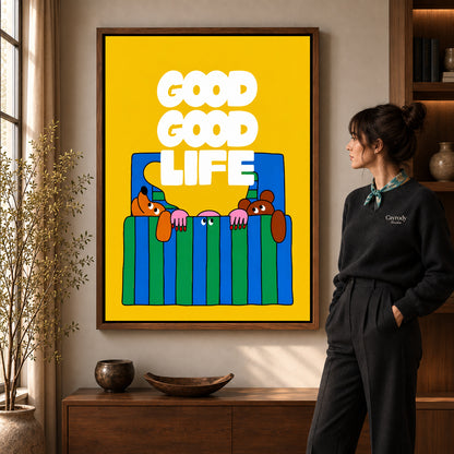 playful bedtime dogs canvas art shown in the walnut frame option within a warm living room.