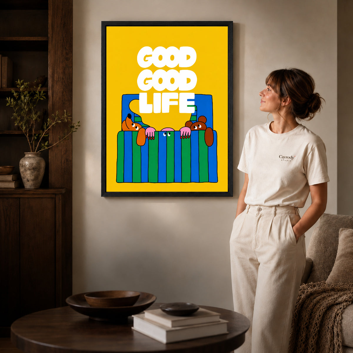 playful bedtime dogs canvas art shown in the black frame option against a softly lit wall.