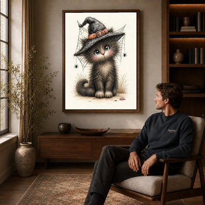 whimsical witch kitten canvas art in a walnut frame above a console beside a seated man.