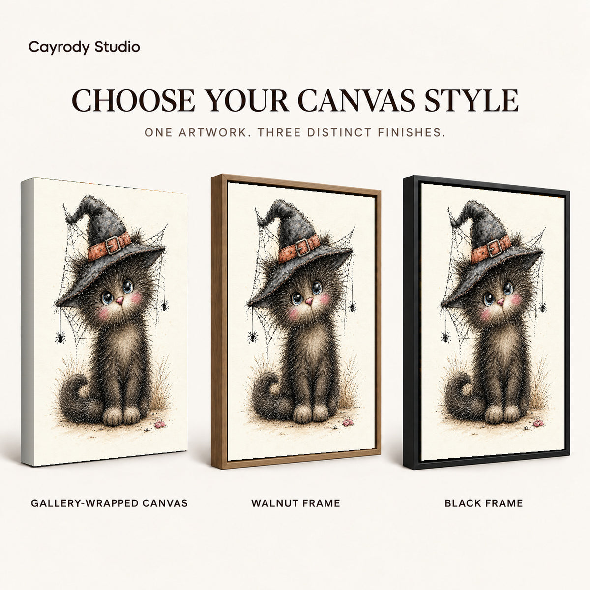 whimsical witch kitten canvas art compared across gallery-wrapped canvas, walnut frame, and black frame finishes.