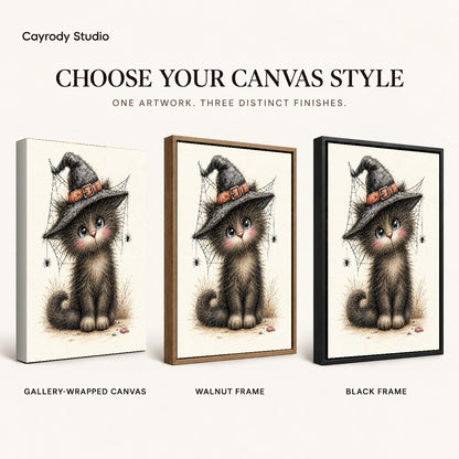 whimsical witch kitten canvas art compared across gallery-wrapped canvas, walnut frame, and black frame finishes.