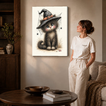 whimsical witch kitten canvas art shown in the gallery-wrapped option with visible depth and warm surroundings.