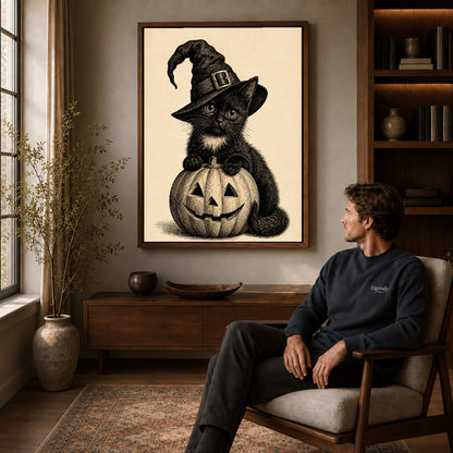 vintage pumpkin witch cat canvas art in a walnut frame above a console beside a seated man.
