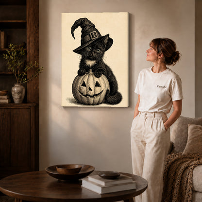 vintage pumpkin witch cat canvas art on gallery-wrapped canvas with natural edge shading beside a standing woman.