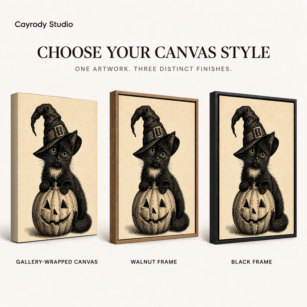 vintage pumpkin witch cat canvas art compared across gallery-wrapped canvas, walnut frame, and black frame finishes.