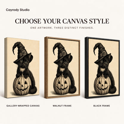 vintage pumpkin witch cat canvas art compared across gallery-wrapped canvas, walnut frame, and black frame finishes.