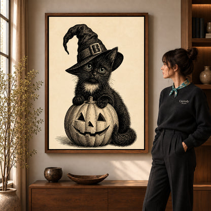 vintage pumpkin witch cat canvas art shown in the walnut frame option within a warm living room.