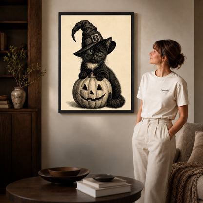 vintage pumpkin witch cat canvas art shown in the black frame option against a softly lit wall.