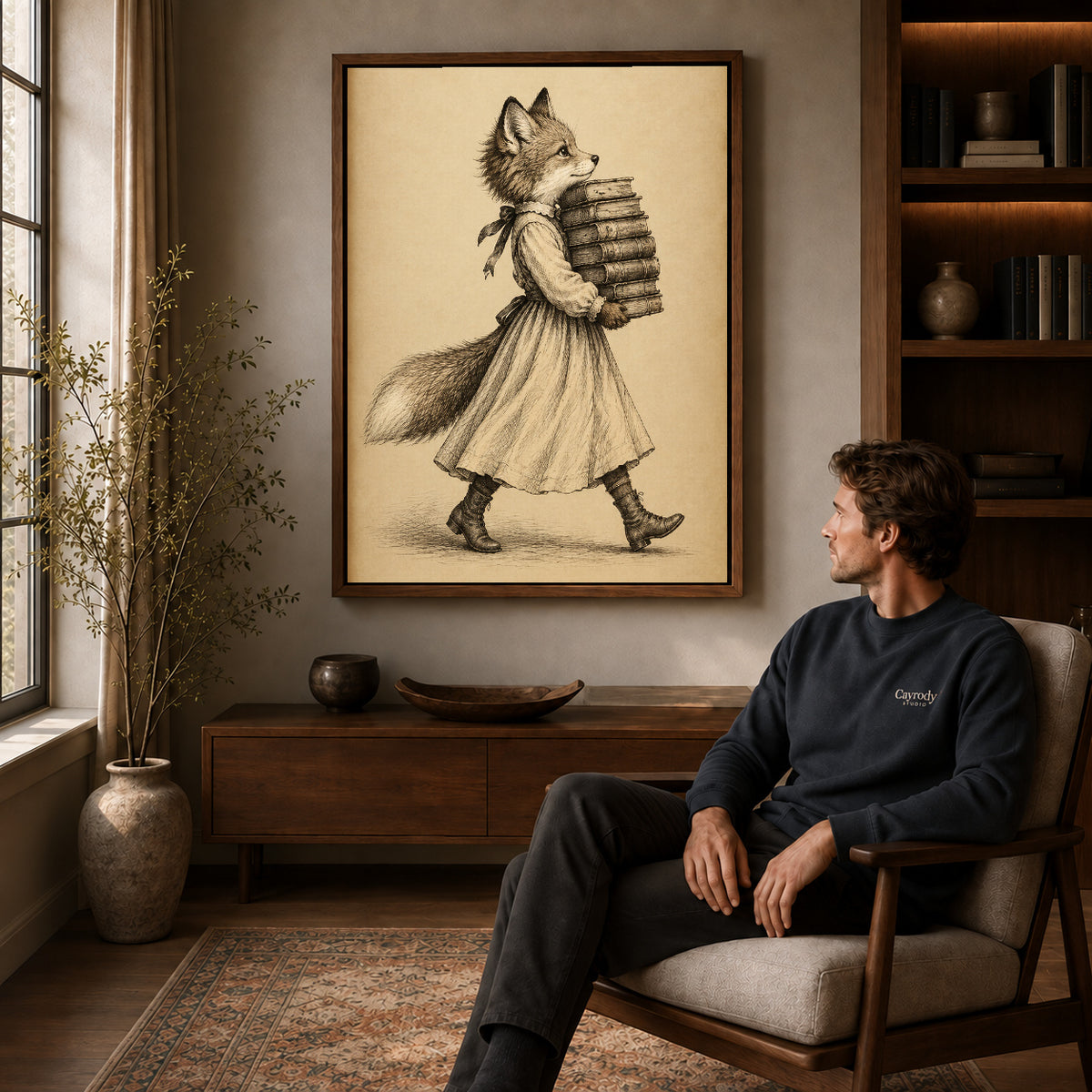 vintage bookish fox canvas art in a walnut frame above a console beside a seated man.