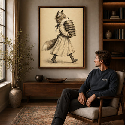 vintage bookish fox canvas art in a walnut frame above a console beside a seated man.