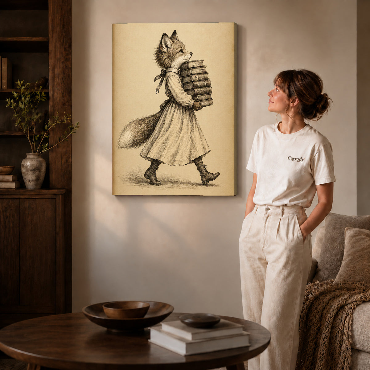 vintage bookish fox canvas art on gallery-wrapped canvas with natural edge shading beside a standing woman.