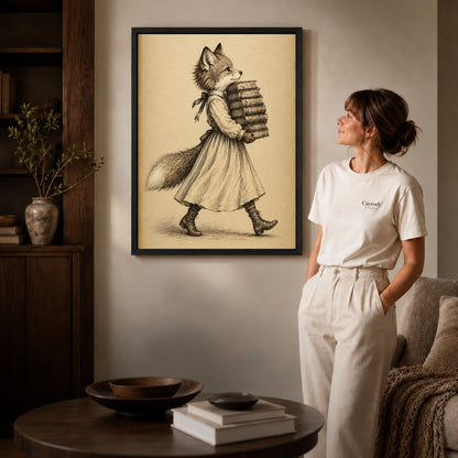 vintage bookish fox canvas art in a black frame beside a woman and round wooden table.