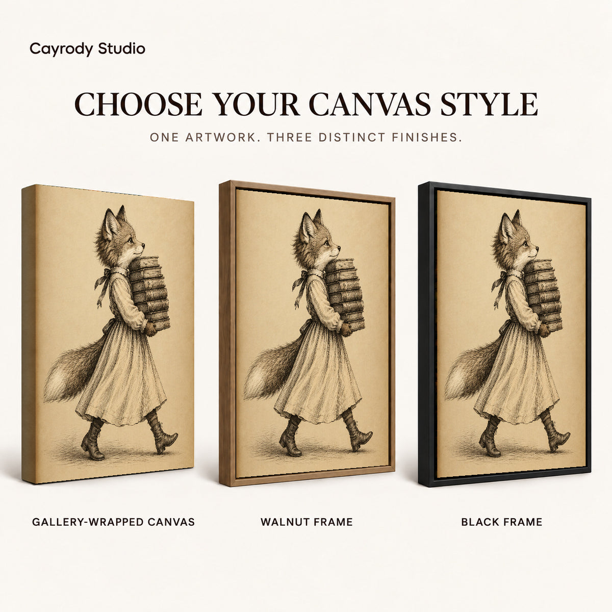vintage bookish fox canvas art compared across gallery-wrapped canvas, walnut frame, and black frame finishes.