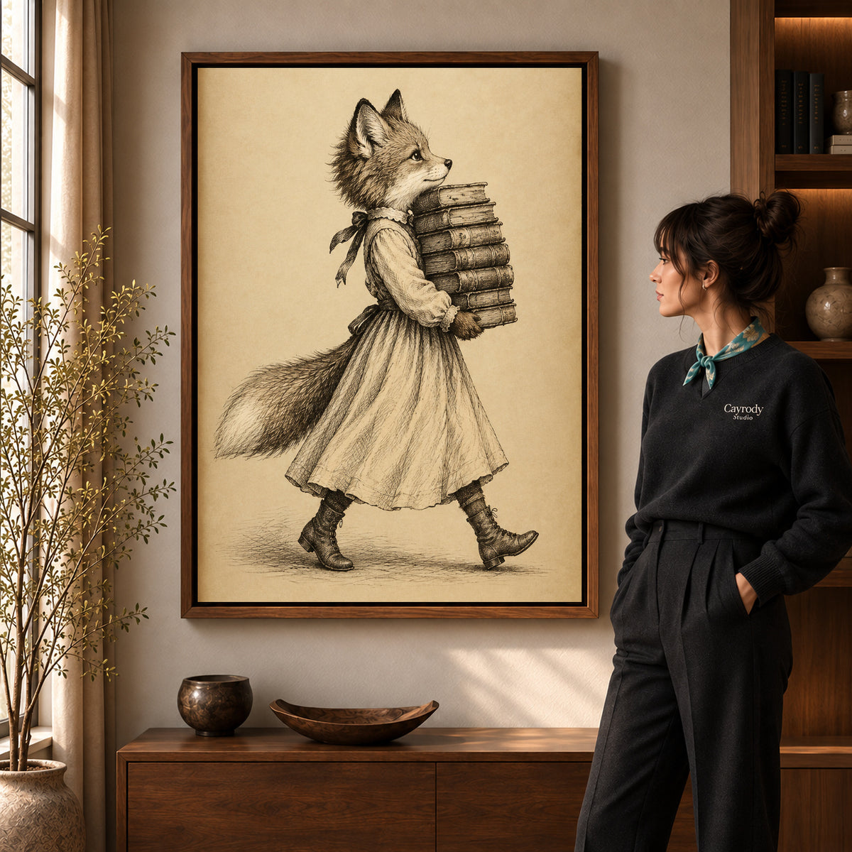 vintage bookish fox canvas art shown in the walnut frame option within a warm living room.