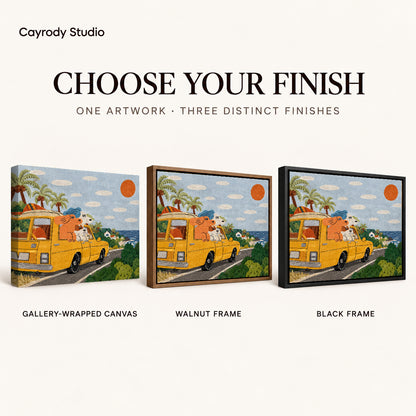 coastal camper dogs canvas art compared across gallery-wrapped canvas, walnut frame, and black frame finishes.