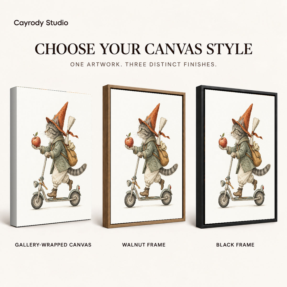vintage scooter cat canvas art compared across gallery-wrapped canvas, walnut frame, and black frame finishes.