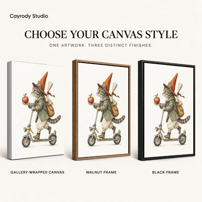 vintage scooter cat canvas art compared across gallery-wrapped canvas, walnut frame, and black frame finishes.