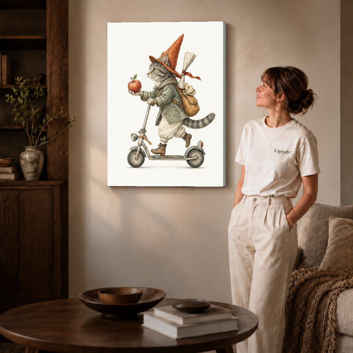 vintage scooter cat canvas art shown in the gallery-wrapped option with visible depth and warm surroundings.