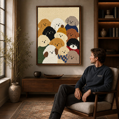 cozy curly dog friends canvas art in a walnut frame above a console beside a seated man.