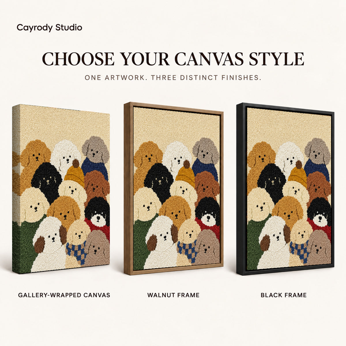 cozy curly dog friends canvas art compared across gallery-wrapped canvas, walnut frame, and black frame finishes.