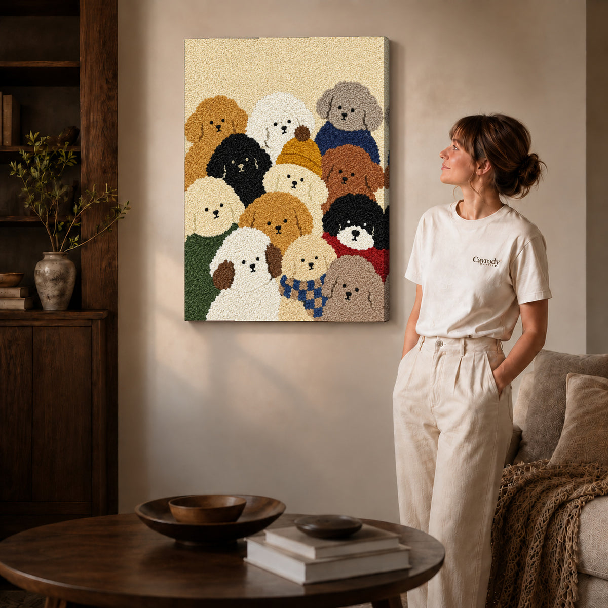 cozy curly dog friends canvas art shown in the gallery-wrapped option with visible depth and warm surroundings.