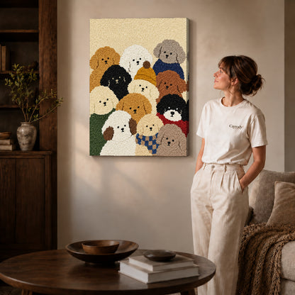 cozy curly dog friends canvas art shown in the gallery-wrapped option with visible depth and warm surroundings.