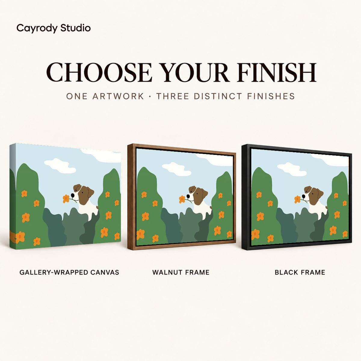 gentle garden dog canvas art compared across gallery-wrapped canvas, walnut frame, and black frame finishes.