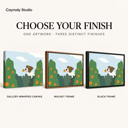 gentle garden dog canvas art compared across gallery-wrapped canvas, walnut frame, and black frame finishes.