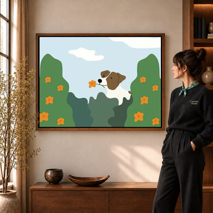 gentle garden dog canvas art shown in the walnut frame option within a warm living room.