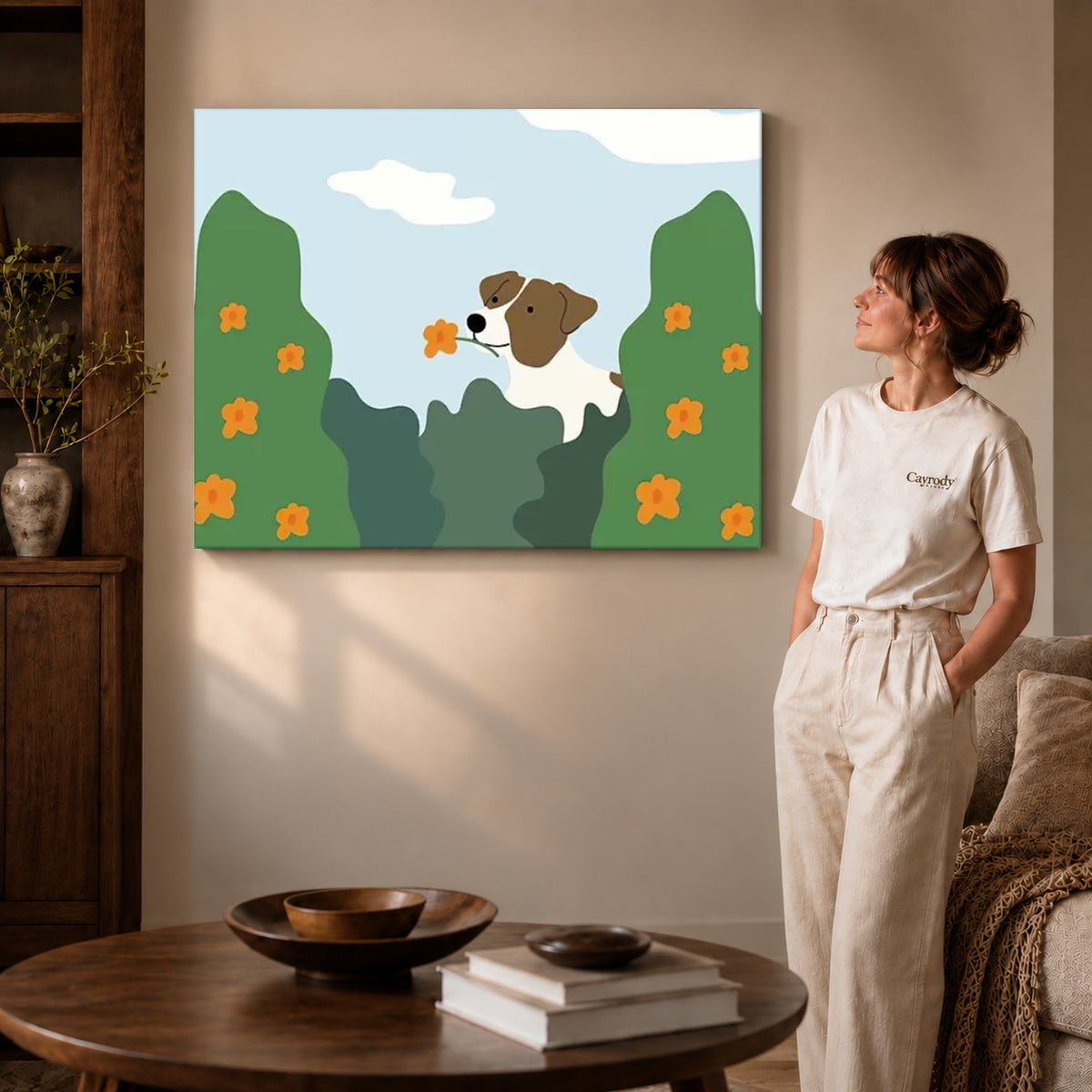 gentle garden dog canvas art shown in the gallery-wrapped option with natural side shading and warm surroundings.