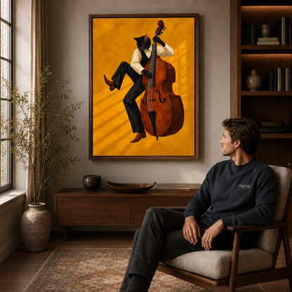 golden jazz bassist cat canvas art in a walnut frame above a console beside a seated man.