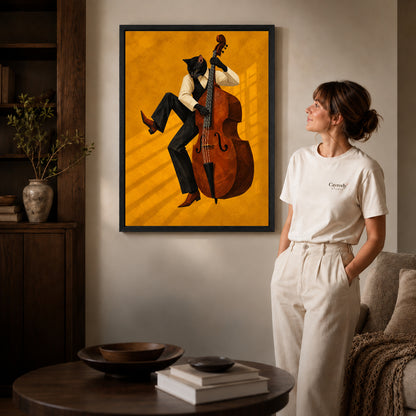 golden jazz bassist cat canvas art in a black frame beside a woman and round wooden table.