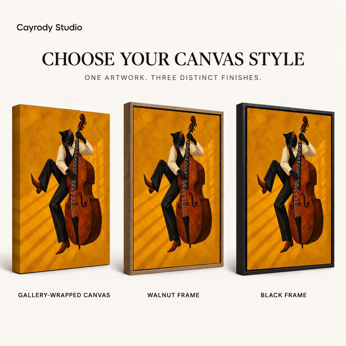 golden jazz bassist cat canvas art compared across gallery-wrapped canvas, walnut frame, and black frame finishes.