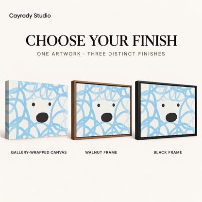 playful curly dog canvas art compared across gallery-wrapped canvas, walnut frame, and black frame finishes.